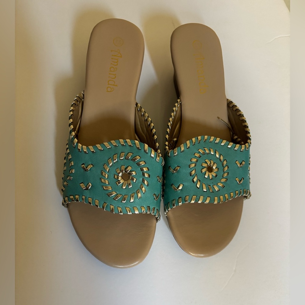 Blue and Gold Flat Sandals with Decorative Studs Size 7.5